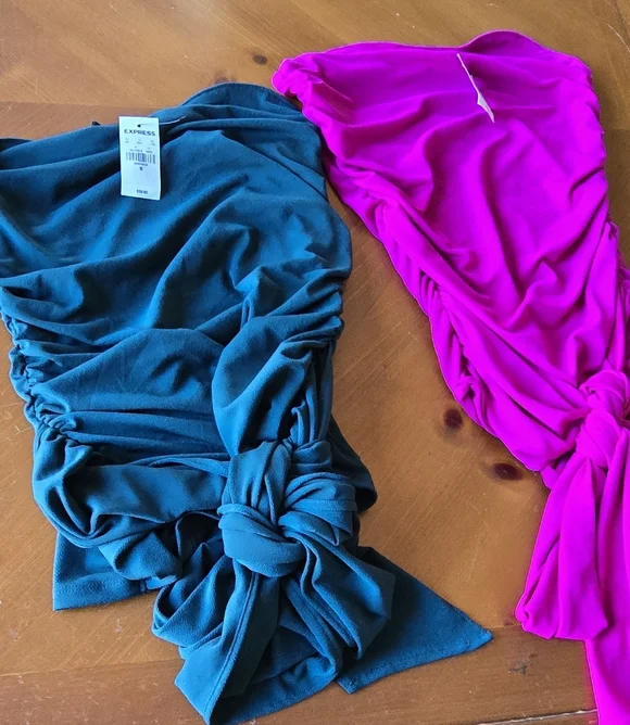 ❤💋 Express Duo NWT Emerald Teal& Fuschia Ruched Tops,M & S.Fun Loop Tie @Waist - Picture 1 of 8